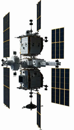 A Large Spacecraft Is Shown In A White And Blue Color Scheme
