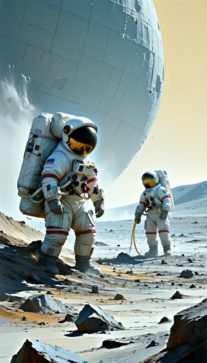 In The Image, There Are Two Astronauts Standing On A Rocky Surface, Possibly On A Distant Planet