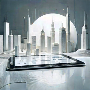 Tablet With Data Visualization With Large Cityscape