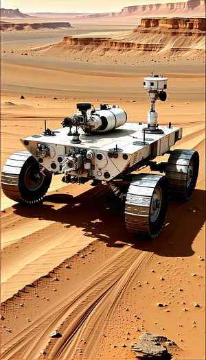 A Large Robotic Vehicle, Possibly A Rover, Sitting On A Sandy Surface