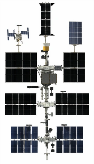 The Image Is A Detailed Illustration Of A Space Station, Showcasing Its Various Components