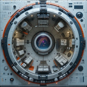 The Image Is A 3d Model Of A Space Station, Featuring A Large Central Hub With A Large Window