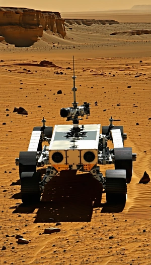 A White Robotic Vehicle With A Large Antenna On Top, Driving Across A Sandy Terrain