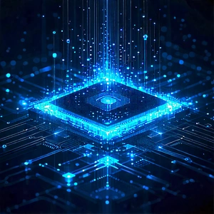 Quantum Computer With Blue Light Glow With Image, There