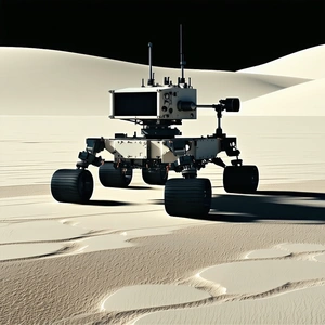 A White Robotic Vehicle, Possibly A Rover, Driving Across A Sandy Surface
