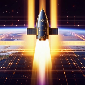 A Rocket Is Shown In A Brightly Lit Environment, With A Bright Yellow Light Illuminating The Rocket