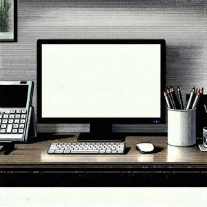 Business Linocut Print: Workplace With Digital (devices:1.36) On Desk With Computer Monitor