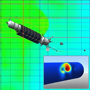 A Space Shuttle With A Blue And White Color Scheme, Flying Through The Air
