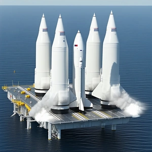 A Large White Rocket Ship Floating On Top Of A Platform In The Ocean