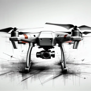 Tech Charcoal Drawing: Drone With Digital Artwork With White Black