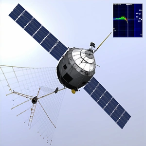 A Spacecraft Is Shown In A Blue Sky, With A Large Satellite Dish On The Bottom Of The Spacecraft