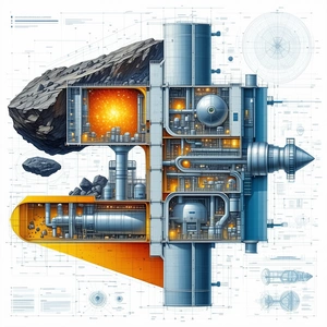 A Large, Detailed Drawing Of A Factory Is Displayed In A Blue And Orange Color Scheme