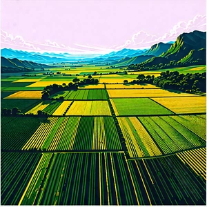 Nature Linocut Print: Aerial View Of Agricultural Fields With Painting Large,