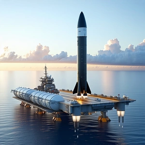 A Large Rocket Ship Docked On A Floating Platform In The Ocean