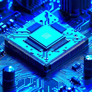 Circuit board with blue light glow