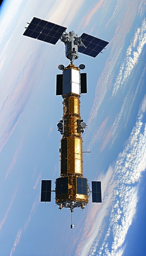 A Large Satellite Is Seen In The Sky, With A Space Shuttle Docked To It