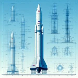 A White Rocket Ship Is Shown In A Blue Drawing, With A Detailed View Of Its Parts