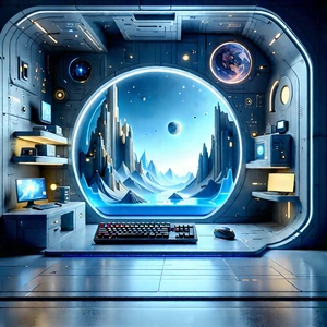 Futuristic Digital Workspace With Image, There