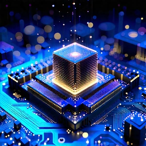 Quantum Computer With (digital:1.3) Particles With Futuristic Cityscape