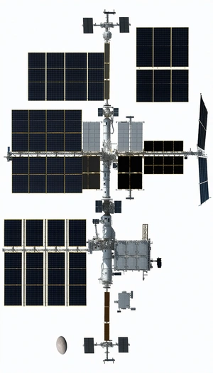 The Image Is A Detailed Illustration Of A Space Station, Showcasing Its Various Components