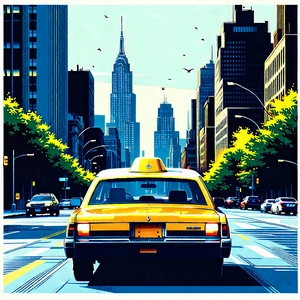 Urban Linocut Print: City Rideshare In Main Avenue With Colorful Painting