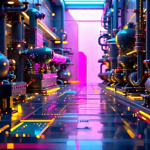 Entertainment Technology In Manufacturing Facility With Futuristic Scene,