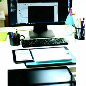 Business Tilt-Shift Photography: Workplace with (digital:1.36) (devices:1.34) on desk