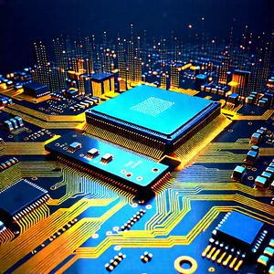 Circuit Board With Digital Particles With Futuristic, Computer-generated