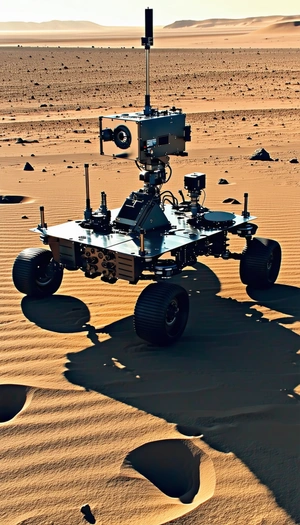 A Large Robotic Vehicle, Possibly A Rover, Sitting On A Sandy Surface