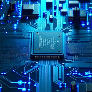 Circuit board with blue light glow