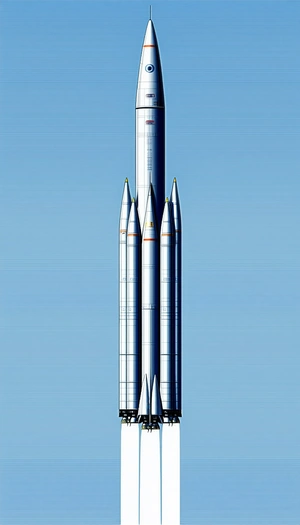 A Large Rocket Is Shown In A Blue Sky, With Its Three Rockets Attached To The Side
