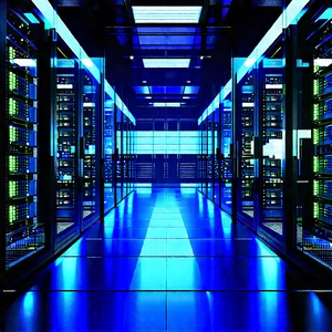 Server rack with blue light glow