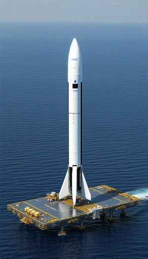 A Large White Rocket Ship Floating On Top Of A Yellow Platform In The Ocean