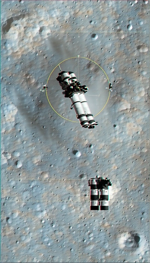 A Spacecraft Flying Through The Air, With A Large Rocket Ship In The Foreground