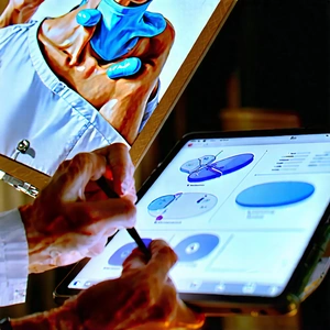 Business Acrylic Painting: Healthcare professional using digital tablet