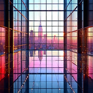 Urban Digital Illustration: Urban Loft With Reflective Glass With Large Glass
