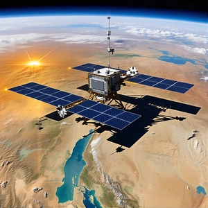 A Large Satellite Dish On A Spacecraft, Which Is Positioned In The Middle Of The Scene