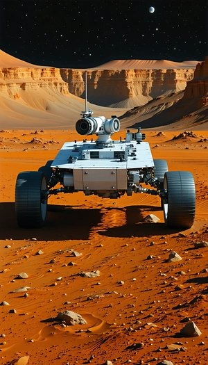 A White Robotic Vehicle, Possibly A Rover, Driving Across A Red Dirt Surface