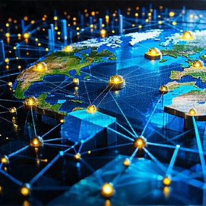 Tech Oil Painting: Blockchain Network Visualization With Blue Globe
