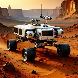 A Futuristic Vehicle, Possibly A Rover Or A Spacecraft, Driving Across A Desert Landscape
