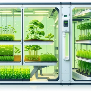 A Large, White, And Green Machine Filled With Various Plants