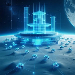 A Futuristic City With A Large, Blue, And White Building In The Center