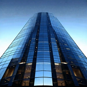 Urban Concept Art: Glass Office Tower With (dramatic:1.2) (lighting:1.31) With Tall Building