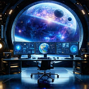 Futuristic (digital:1.41) Workspace With Futuristic Setting,