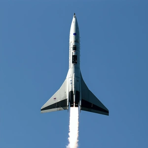 A White Jet Is Flying Through The Sky, Leaving A Trail Of Smoke Behind It