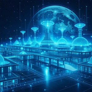 In This Image, There Is A Large, Futuristic City With A Blue Sky And A Moon In The Background