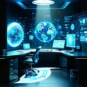 Futuristic Digital Workspace With Image, There
