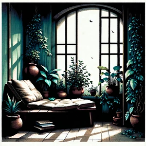 Lifestyle Woodcut Print: Reading nook with plants and natural elements