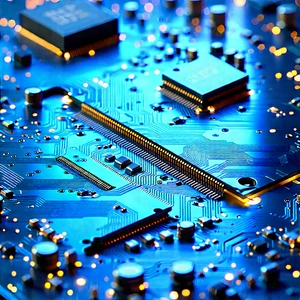 Circuit board with blue light glow