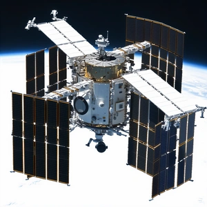 A Space Shuttle With A Large Satellite Dish On Top Of It